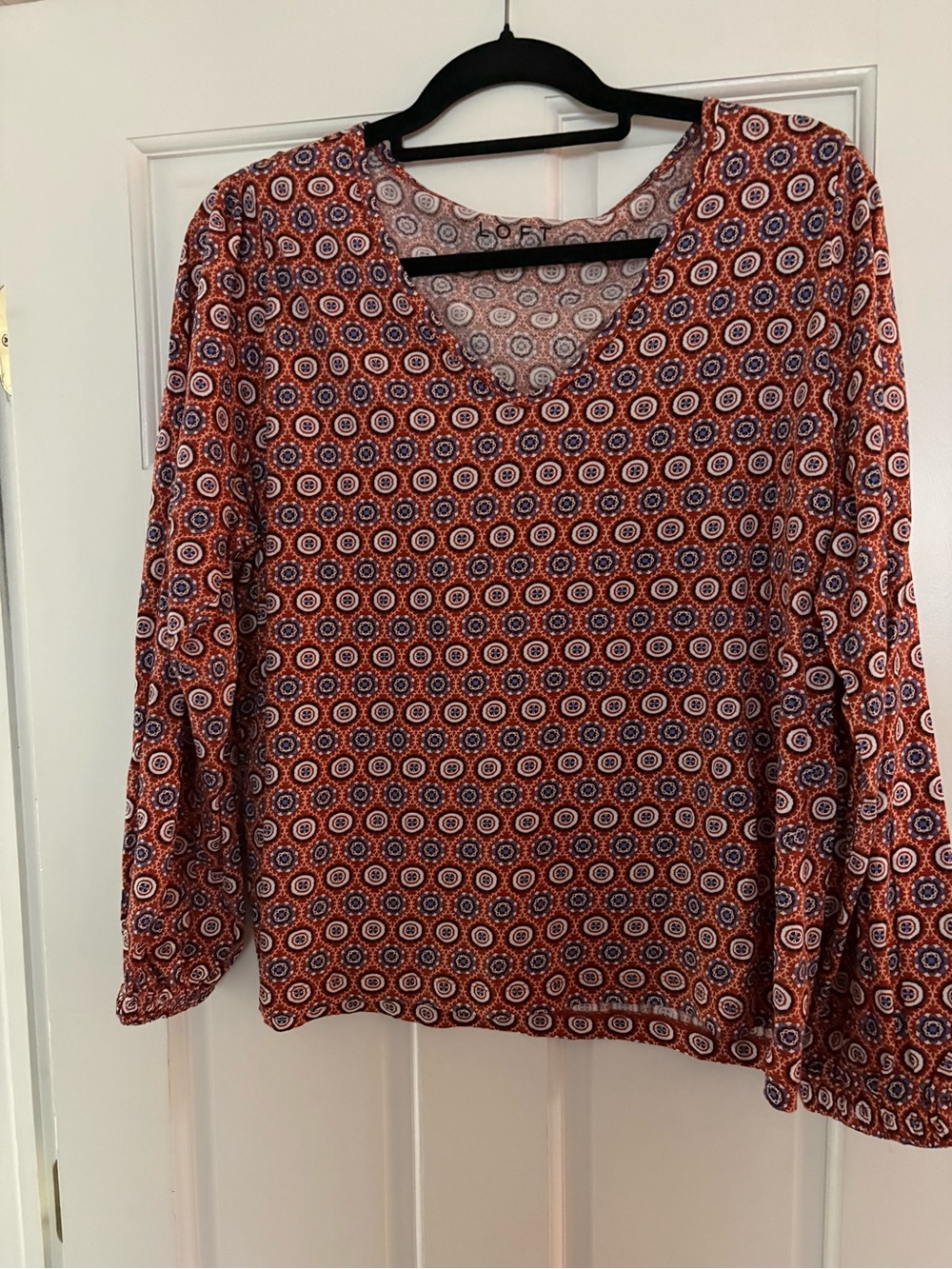 LOFT Rust Orange Geometric V-Neck Long Sleeve Blouse
